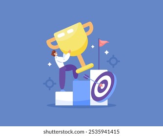 concept of effort to success. develop oneself and improve abilities. keep going up to win and reach the goal. illustration of a man carrying a trophy to the top. flat style design. elements