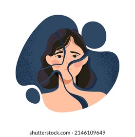 Concept of ego loss fragmented self. Crying sad woman broken into pieces. Psychological disorder, mental illness or depression. Tired unhappy female character. Cartoon flat vector illustration