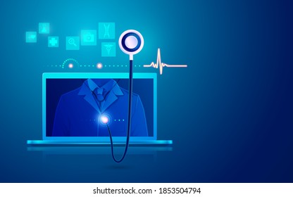 Concept Of E-health Or Telemedicine, Graphic Of Computer Laptop With Healthcare Technology Application