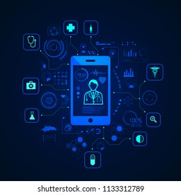 concept of e-health or telemedicine, graphic of a doctor on health care application with medical icons