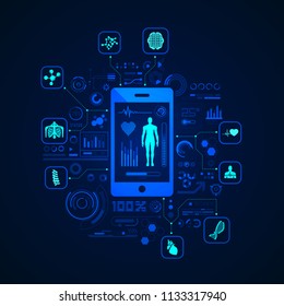 Concept Of E-health Or Telemedicine, Graphic Of Health Care Application On Device With Medical Icons