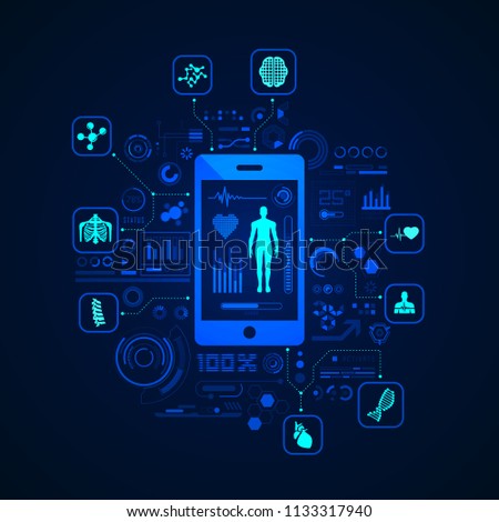 concept of e-health or telemedicine, graphic of health care application on device with medical icons