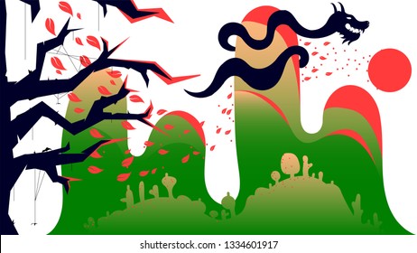 Concept of elder Japan background in colorful composition. A dragon silhouette on wild nature. Graphic design. Digital art. Modern style. Vector illustration 10 EPS