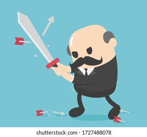 Concept Elderly businessman holding sword fight arrows