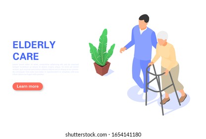 The Concept Of Elderly Care. Medical Staff Helps An Elderly Woman To Walk With A Walker. Medecine And Healthcare. Flat Vector Isometric Illustration.