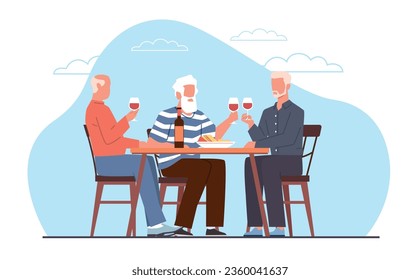 Concepto de amigos ancianos de vacaciones, abuelos sentados en la mesa en la cafetería, bebiendo vino y hablando. Los ancianos en los cafés beben alcohol. Ilustración del pensionista aislado de dibujos animados