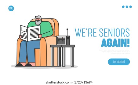 Concept Of Elderly People Leisure. Website Landing Page. Senior Man Is Reading Newspaper And Listen To The Radio Sitting In Armchair. Web Page Cartoon Linear Outline Flat Style. Vector Illustration