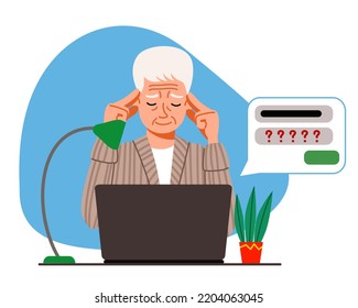 El concepto de una persona mayor pensando en una laptop. El anciano olvidó su contraseña y acceso a la cuenta para la página web.