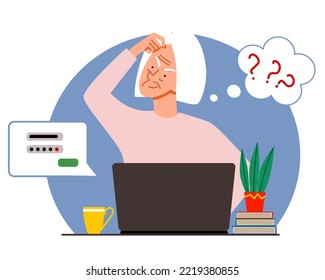 The concept of an elderly person thinking on a laptop. The old woman forgot his password and account login for the web page.