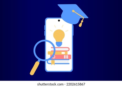 Concept of e-learning, digital library, e-book, classroom, tutorial and online courses application. Online education, university studies and back to school. Flat vector illustration.