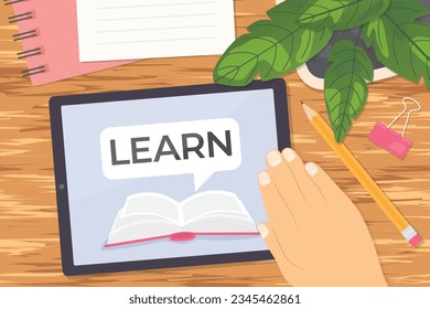 concept of e-learning, hand using tablet on wooden desk- vector illustration
