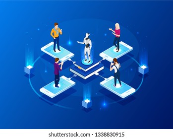 Concept e-learning illustrations. Bot teacher. Isometric Intelligence Learn. Technology and online training. Web study and lesson.