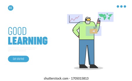 Concept Elearning. Male Character Is Wearing Virtual Reality Glasses For Online Self Education And Entertainments. Website Landing Page. Web Page Cartoon Linear Outline Flat Style Vector Illustration