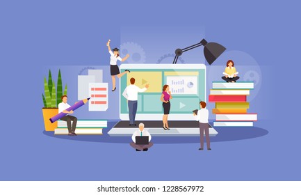 Concept of e-learning, online education, business training. Learning people. Vector illustration