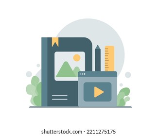 Concept of e-learning, online education, home schooling, web courses, tutorials. Vector illustration.