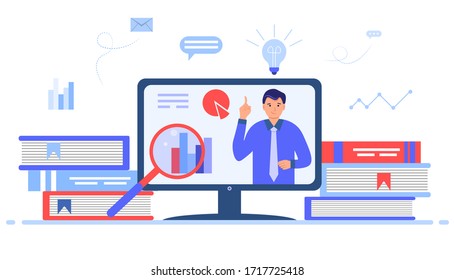 The concept of e-learning. Online education. Web courses or study guides, training software. Male teacher. Distance or home schooling. Vector illustration in a flat style.