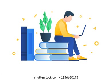 Concept of e-learning, online education and wireless networks. Use of electronic libraries. Young man sitting at laptop and looking at monitor screen surrounded by books. Vector flat image.