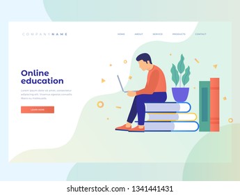 Concept of e-learning, online education and wireless networks. The use of electronic libraries. Young man sitting on book and looks at the monitor screen surrounded by books. Homepage. Landing Page. 