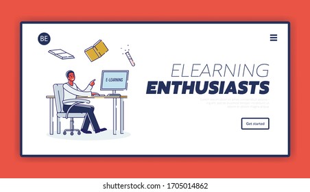 Concept Of Elearning And Online Exam. Boy Student Takes A Course. Website Landing Page. Character Learns Favorite Profession Remotely. Web Page Cartoon Linear Outline Flat Style. Vector Illustration