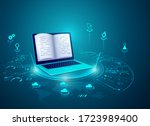 concept of e-learning technology, graphic of realistic computer notebook with book's pages as screen
