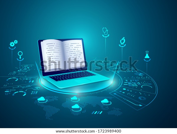 concept of e-learning\
technology, graphic of realistic computer notebook with book\'s\
pages as screen