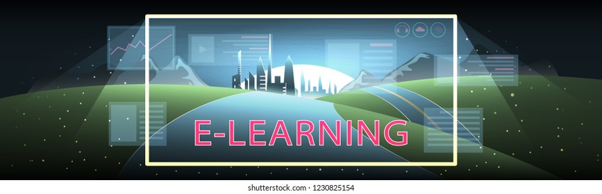 The concept of elearning. A transparent monitor screen with the word E-LEARNING, illuminates the road leading to the modern city and the sun. Vector illustration.