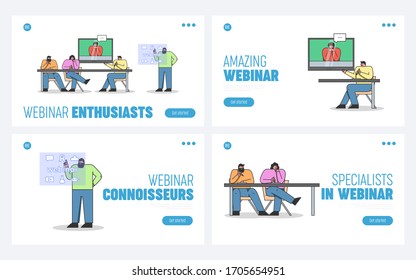 Concept Of Elearning Or Webinar. Website Landing Page. Characters Take An Joint Online Remote Course Or Video Business Conference. Web Page Cartoon Linear Outline Flat Style. Vector Illustrations Set