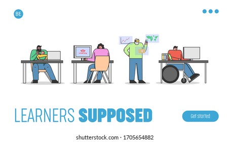 Concept Of Elearning. Website Landing Page. People Have Remote Online Courses. Characters Use Modern Technologies For Online Education. Web Page Cartoon Linear Outline Flat Style. Vector Illustration