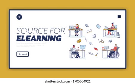 Concept Of Elearning. Website Landing Page. Group Of People Have Remote Online Courses. Characters Study Different Professions Online. Web Page Cartoon Linear Outline Flat Style. Vector Illustration