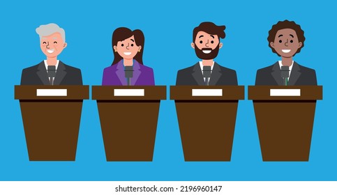 Concept of election debates or press conference, people in podiums.