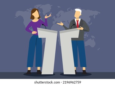 Concept of election debates or press conference, people in podiums.