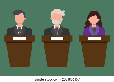 Concept of election debates or press conference, people in podiums.