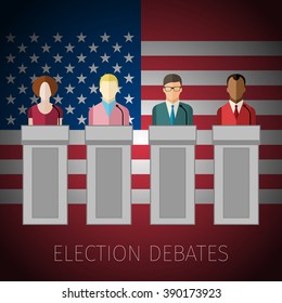 Concept of election debates or press conference. US Presidential election 2016. Flat design, vector illustration.
