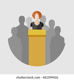 Concept of election debates or press conference. Woman on the podium. Flat design, vector illustration.