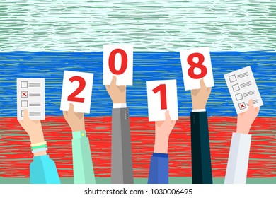 Concept of election. Hands against the background of the Russian flag and hold sheets with 2018, election day campaign. Flat design, vector illustration.