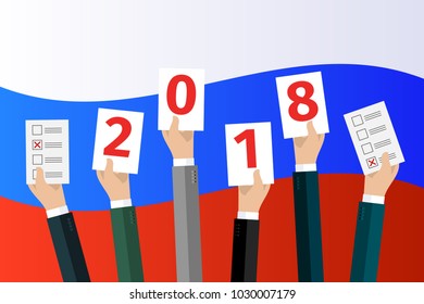 Concept of election. Hands against the background of the Russian flag and hold sheets with 2018, election day campaign. Flat design, vector illustration.