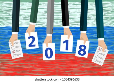 Concept of election. Hands against the background of the Russian flag and hold sheets with 2018, election day campaign. Flat design, vector illustration.