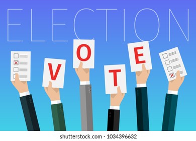 Concept of election. Hands hold sheets with a word vote, election day campaign. Flat design, vector illustration.