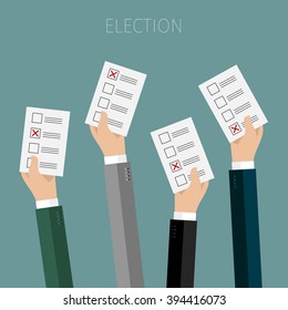 Concept of election. Hands holding sheets of paper with voting paper, election day campaign. Flat design, vector illustration.