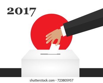 Concept of election. Japan Election 2017. Hand Putting Voting Paper in the Ballot Box. Vector Illustration Flat Style