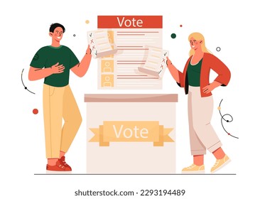 Concept of election. Man and woman with ballots vote near box. Presidential elections or officials, referendum. Freedom of choices and democracy. Cartoon flat vector illustration