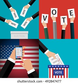 Concept of election set. Hands holding sheets of paper with voting paper, election day campaign. Flat design, vector illustration.