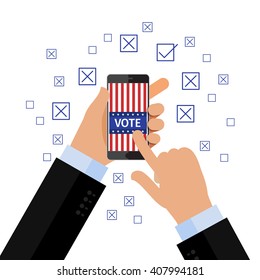 Concept of election. Vote concept. Hand holding smartphone with voting app on the screen. Flat design, vector illustration.