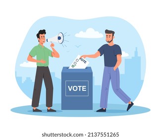 Concept of elections. Man with loudspeaker encourages residents to vote. Young guy puts sheet with his choice in basket. Politically active citizens, referendum. Cartoon flat vector illustration