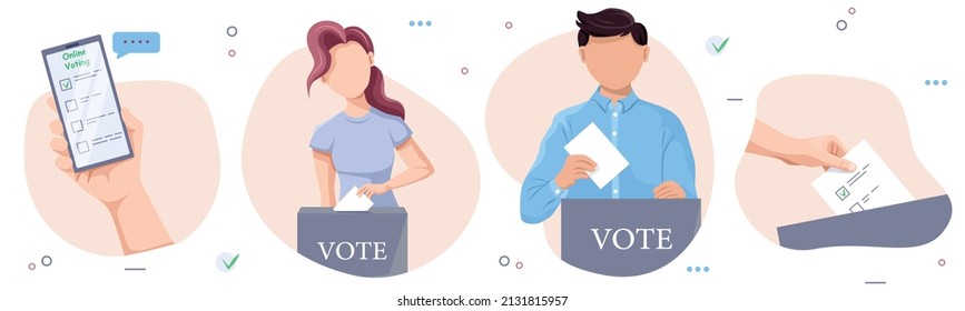 The concept of elections and voting. A set of images on the theme of voting. A man and a woman put the ballot into the ballot box. Stock vector illustration.