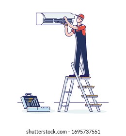 Concept Of Electric Appliances Service. Professional Worker Repairman In Uniform Fix Appliances. Man Repair Split Air Conditioner Standing on Ladder. Cartoon Linear Outline Flat Vector Illustration