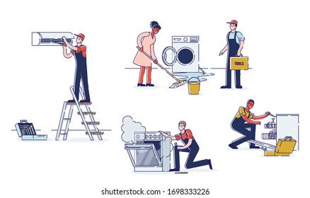 Concept Of Electric Appliances Service. Professional Workers Repairmen In Uniform Are Fixing Appliances. Technicians Are Repairing Electronics. Cartoon Linear Outline Flat Style. Vector Illustration