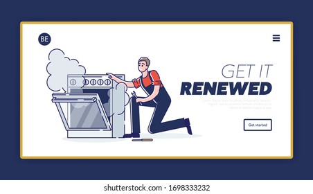 Concept Of Electric Appliances Service. Website Landing Page. Repairman In Uniform Is Fixing Gas Stove Oven. Man Repairing Broken Appliances. Web Page Cartoon Linear Outline Flat Vector Illustration