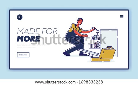 Concept Of Electric Appliances Service. Website Landing Page. Professional Repairman In Uniform Fix Broken Appliances. Man Repar Dishwasher. Web Page Cartoon Linear Outline Flat Vector Illustration