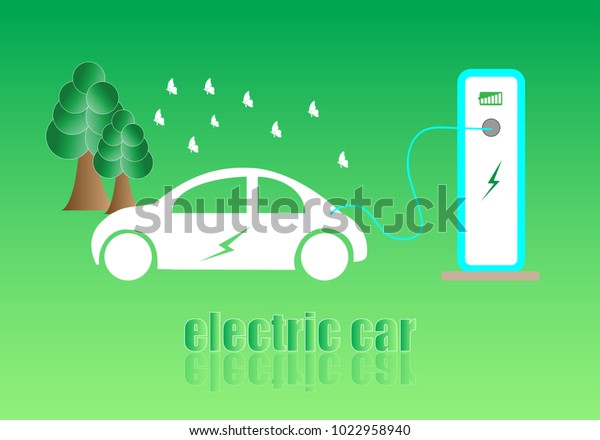 Concept electric car, clean\
energy, environmentally friendly with butterfly and tree.\
illustration vector